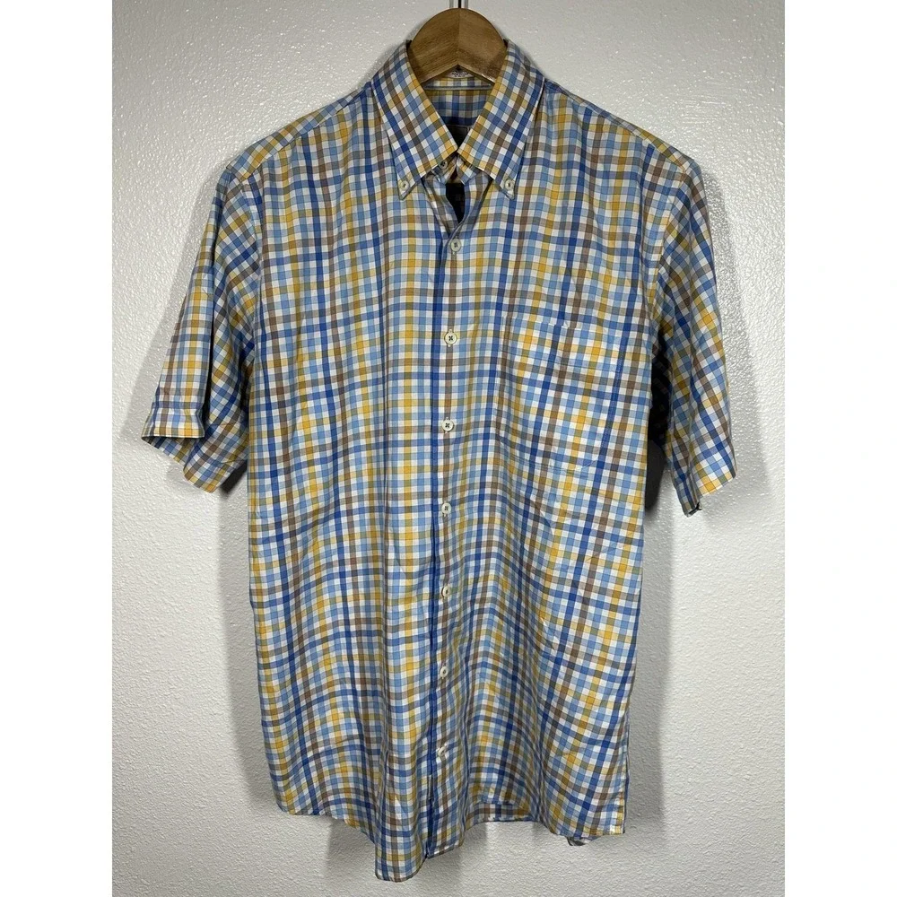 Peter Millar Shirt Mens Medium Blue Yellow Plaid Check Button Down Short‎ Sleeve